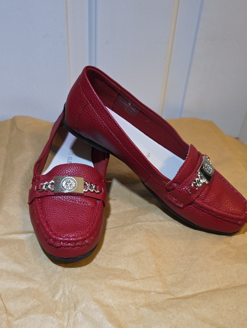Anne Klein Red Leather Slip-On Loafers with Gold Emblem